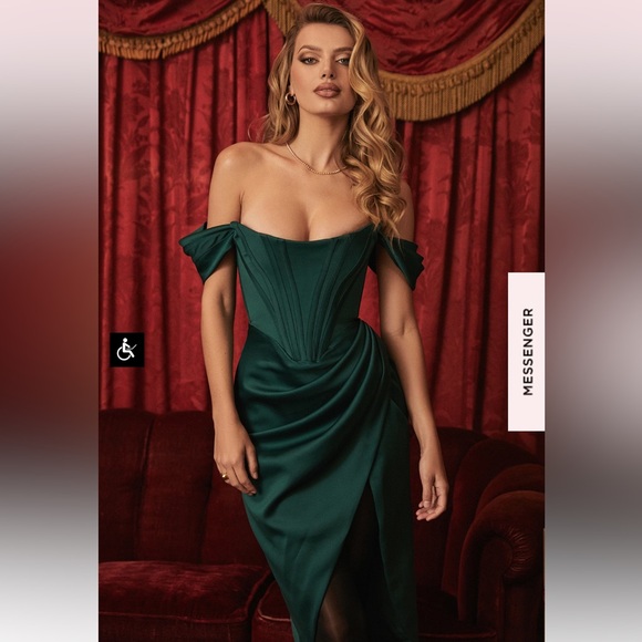 NWT House of Cb LORETTA
EMERALD GREEN SATIN OFF SHOULDER DRESS - Picture 4 of 11